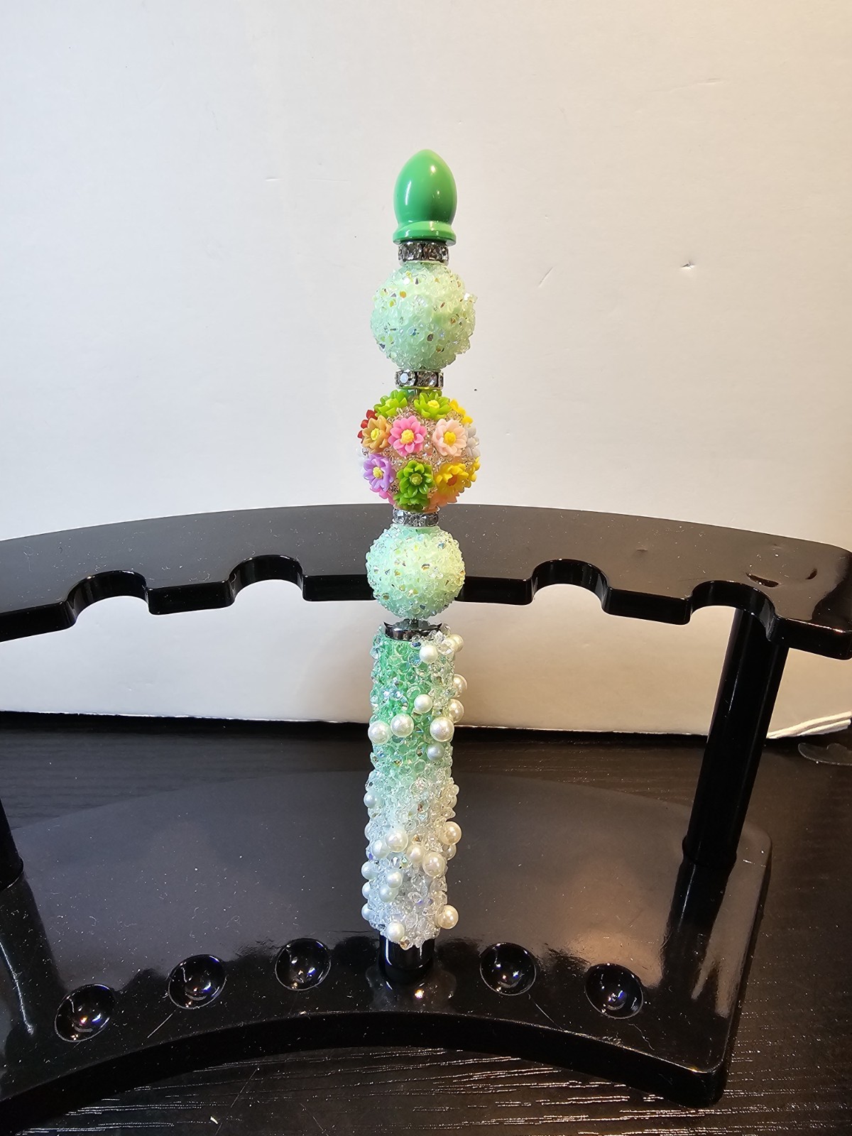 Handcrafted Rhinestone Acrylic Beaded Stylus Sparkly Bling Green Floral Bead