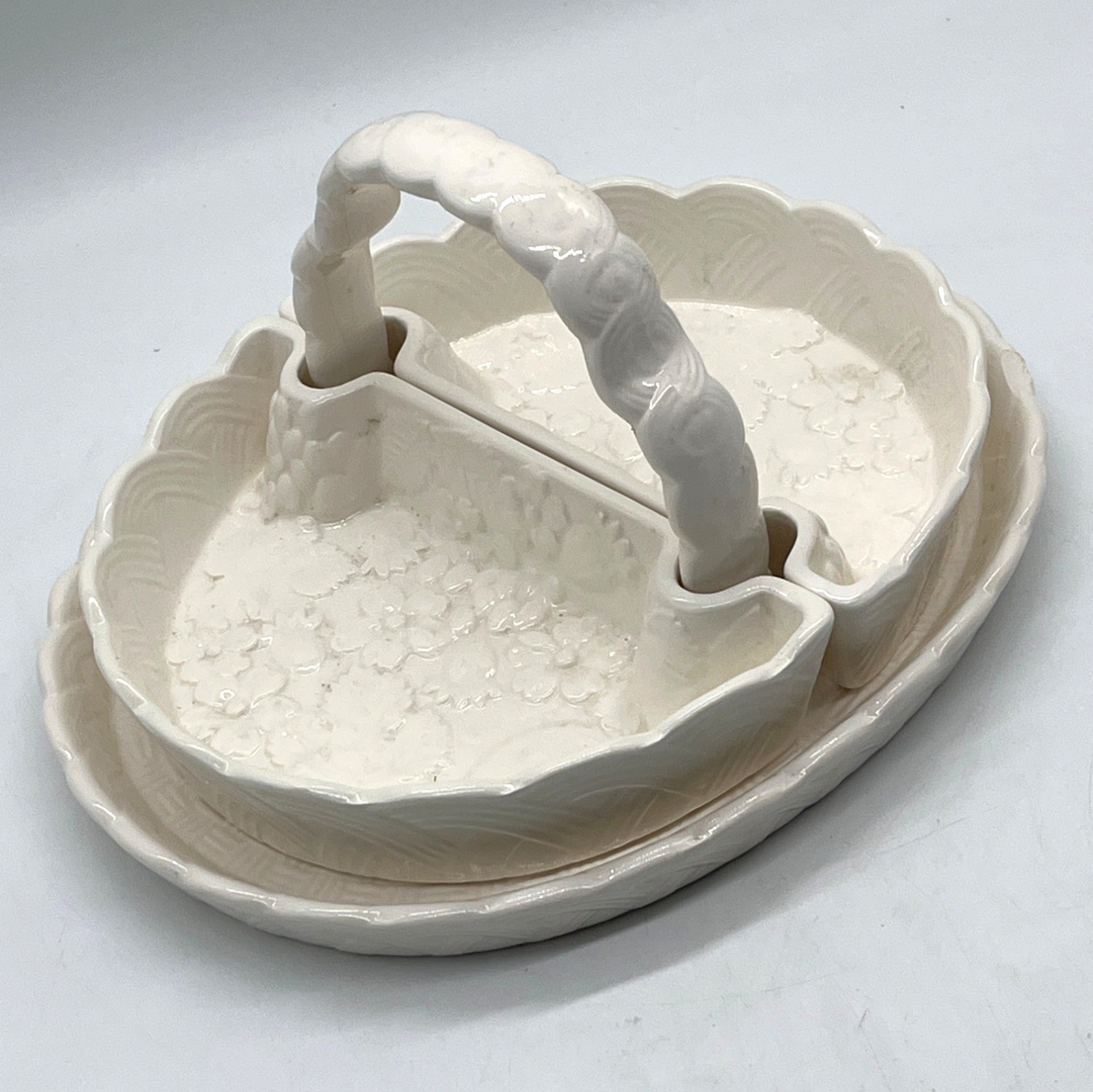 Vintage 1983 Porcelain Basket With Two Divided Trays Set Japan