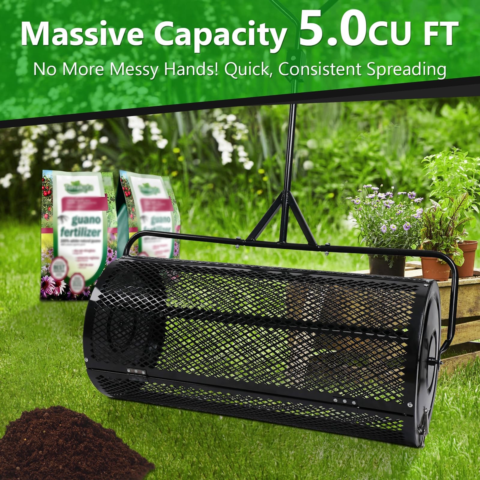 Compost Spreader 44 Inch Push/Tow Peat Moss with 44 Inch, BLACK