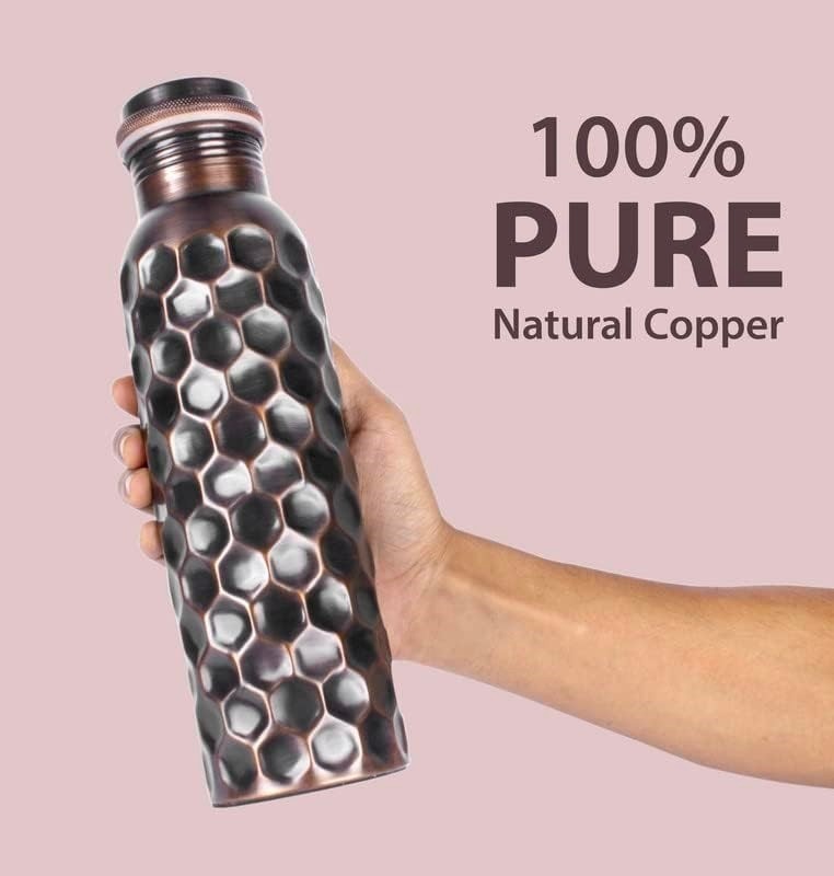 100% Pure Copper Water Bottle Hammered 32oz Leak Proof Lid