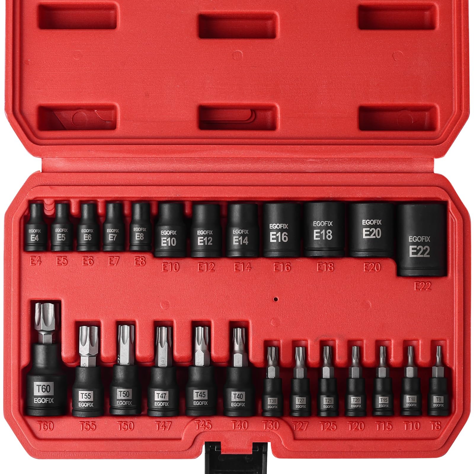 EGOFIX 25 Piece Torx Bit and Socket Set, 13 Star Bits T8-T60,E4-E22(25PCS)