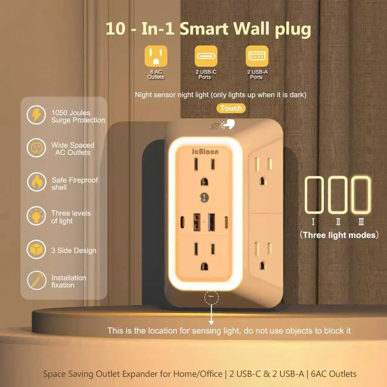 Wall Adapter 6 Outlet Extender Surge Protector Multi Plug  USB Charger Port