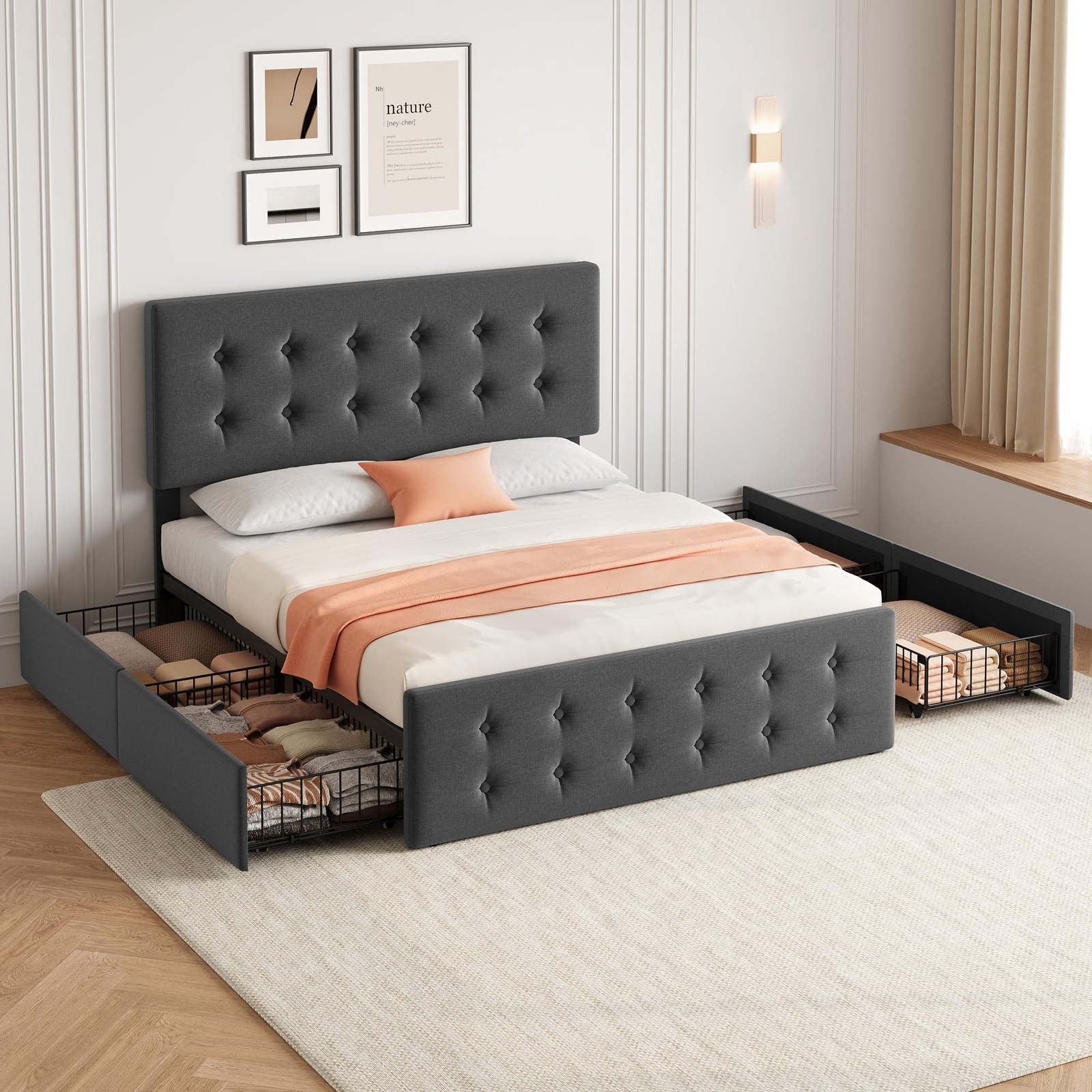 Full Size Bed Frame Dark Grey Linen Upholstered Platform Bed Frame, Button Tufte