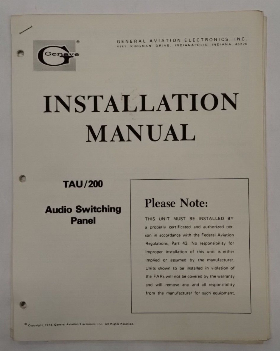 Genave TAU/200 Audio Switching Panel Installation Manual 1973-Original