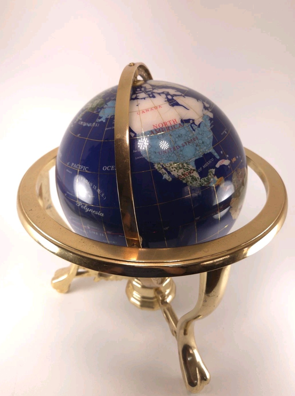 Blue Lapis Semi-Precious Gemstone Inlaid Globe w/ Brass Stand & Compass 10”