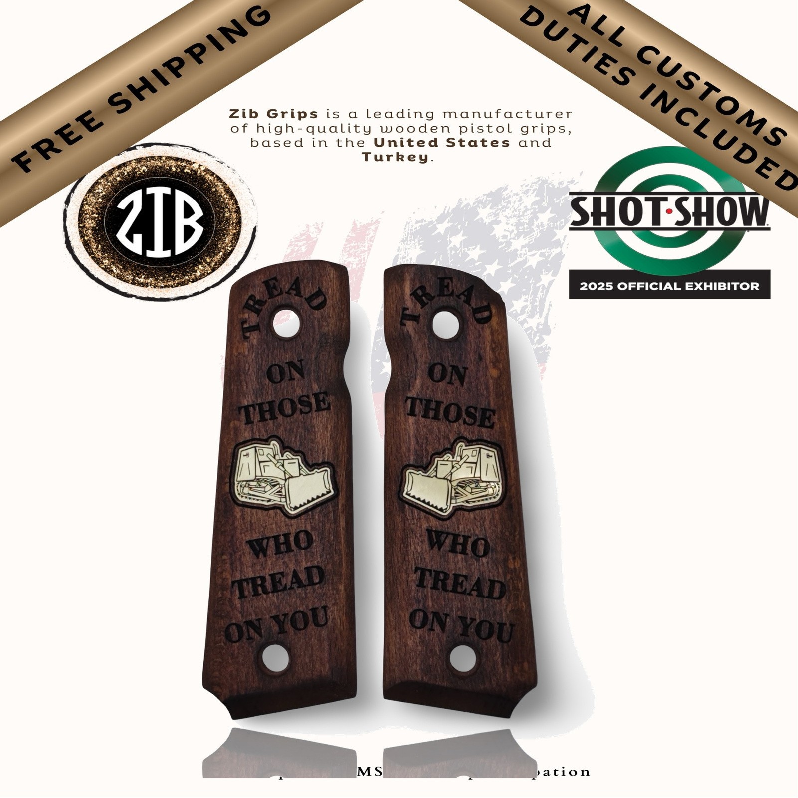 Zib Grips Wooden Series Pistol Grips for Colt 1911, Metal Medallion Logo