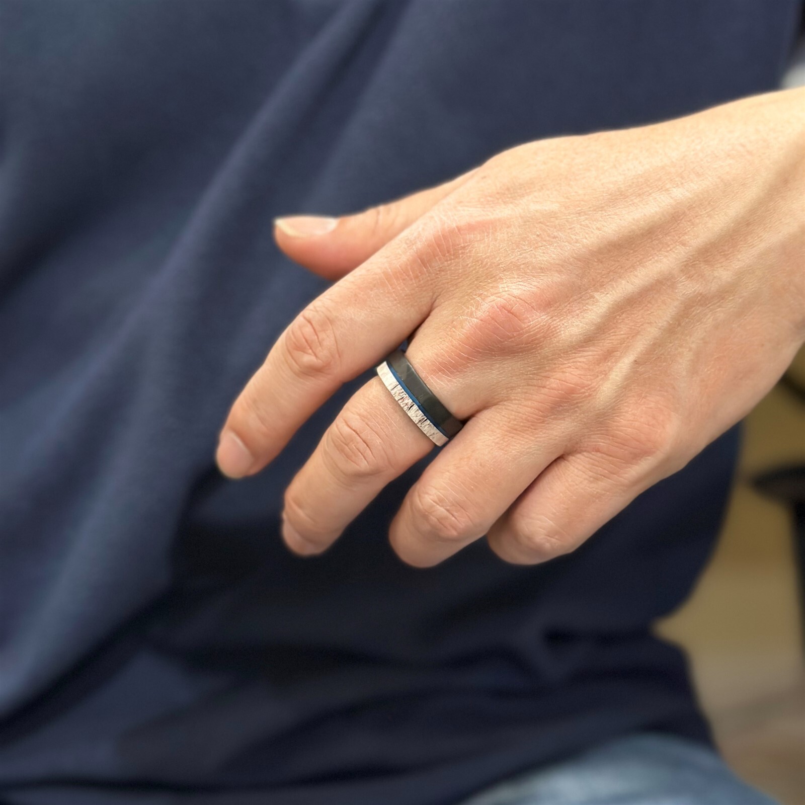 Black Tungsten Carbide Men's Ring Deer Antler w/ Blue Stripe Wedding Band
