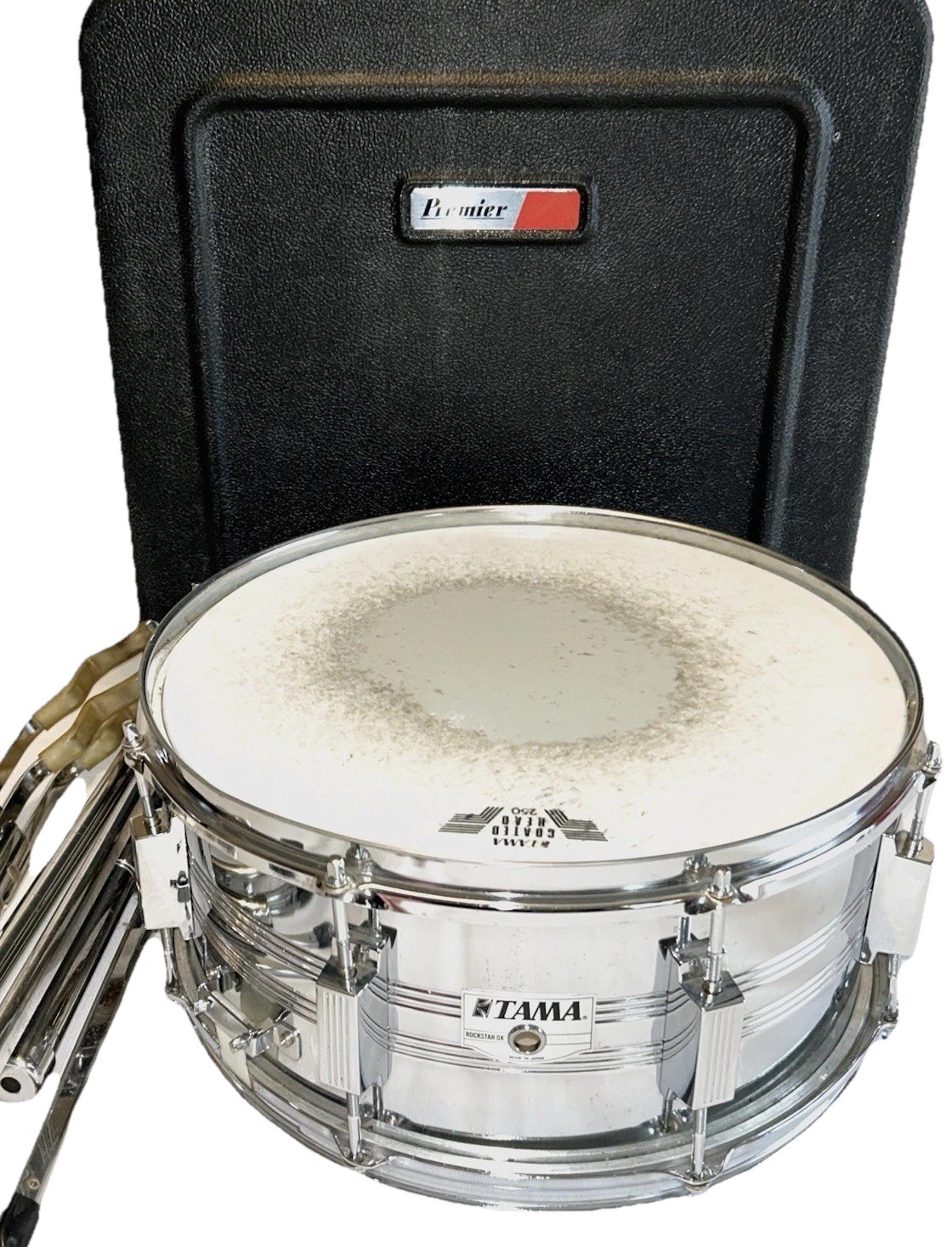 VTG 80s Tama 14 x 6.5 Rockstar DX Steel Snare Drum W/Stand & PREMIER Travel Case