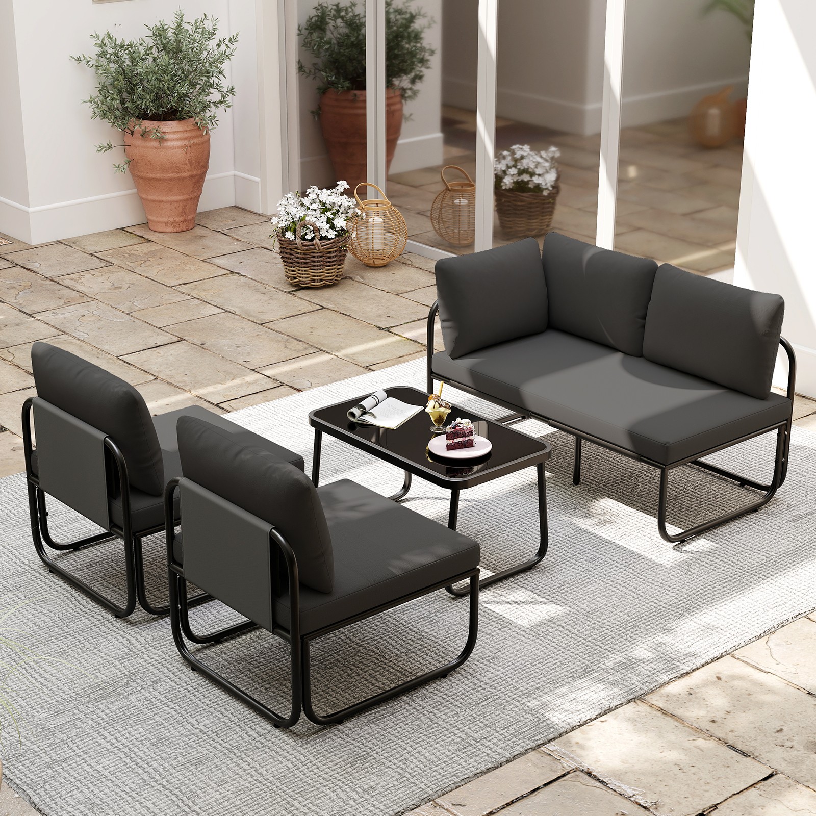 4 PCS Patio Furniture Set w/Cushions & Tempered Glass Coffee Table for Garden