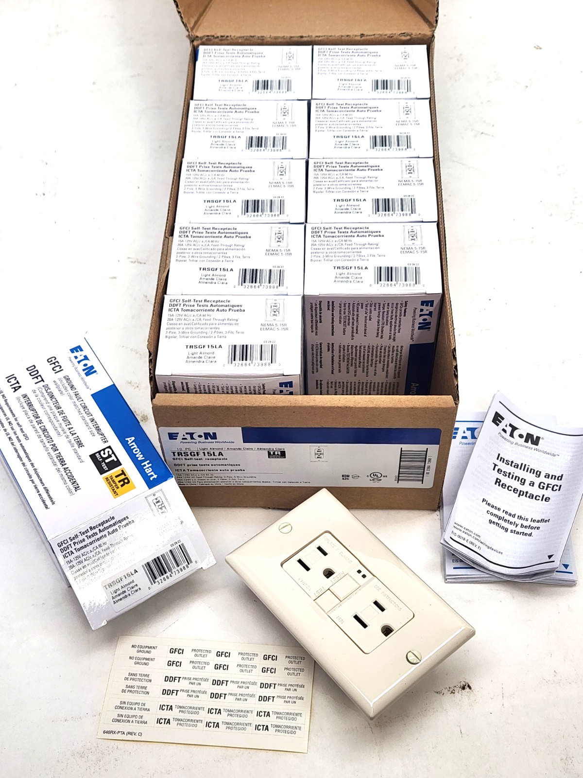 10 Pcs - Eaton TRSGF15LA Light Almond GFCI Self-Test Receptacle Outlet & Cover