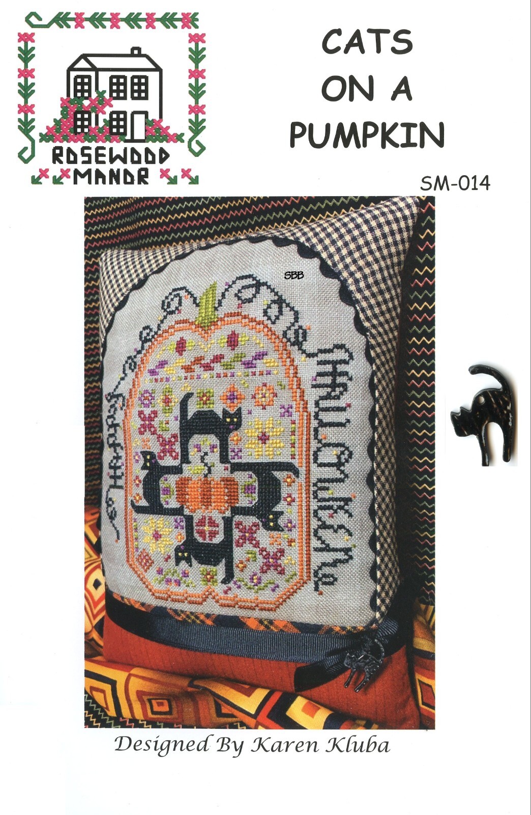 Rosewood Manor / Karen Kluba ~ SM-014 Cats On A Pumpkin Chart & Black Cat Charm