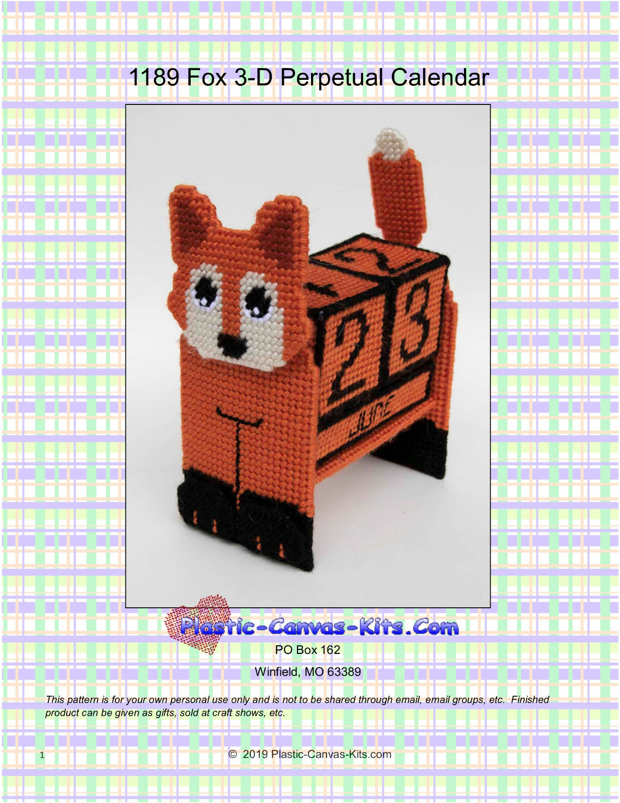 Fox 3-D Perpetual Calendar  Plastic Canvas Pattern or Kit