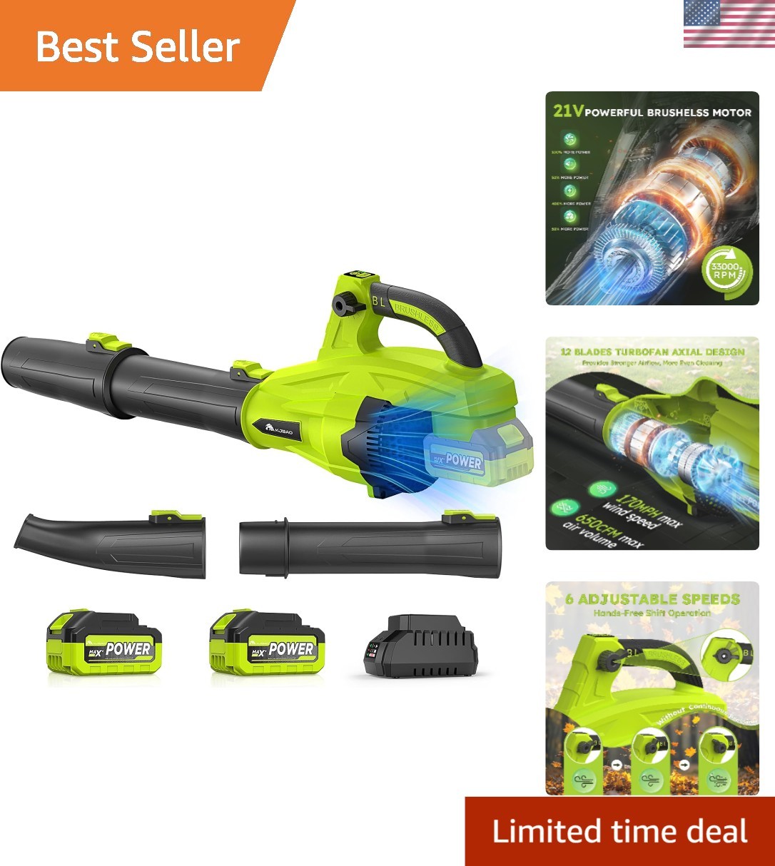 Quiet 21V Leaf Blower with Adjustable Speed & Detachable Tubes - Eco-Friendly