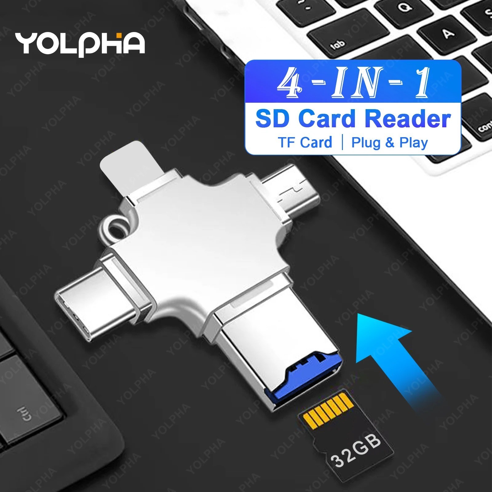 4IN1 Memory Card Reader for iPhone Laptop PC Type-C OTG Adapter for iOS USB New