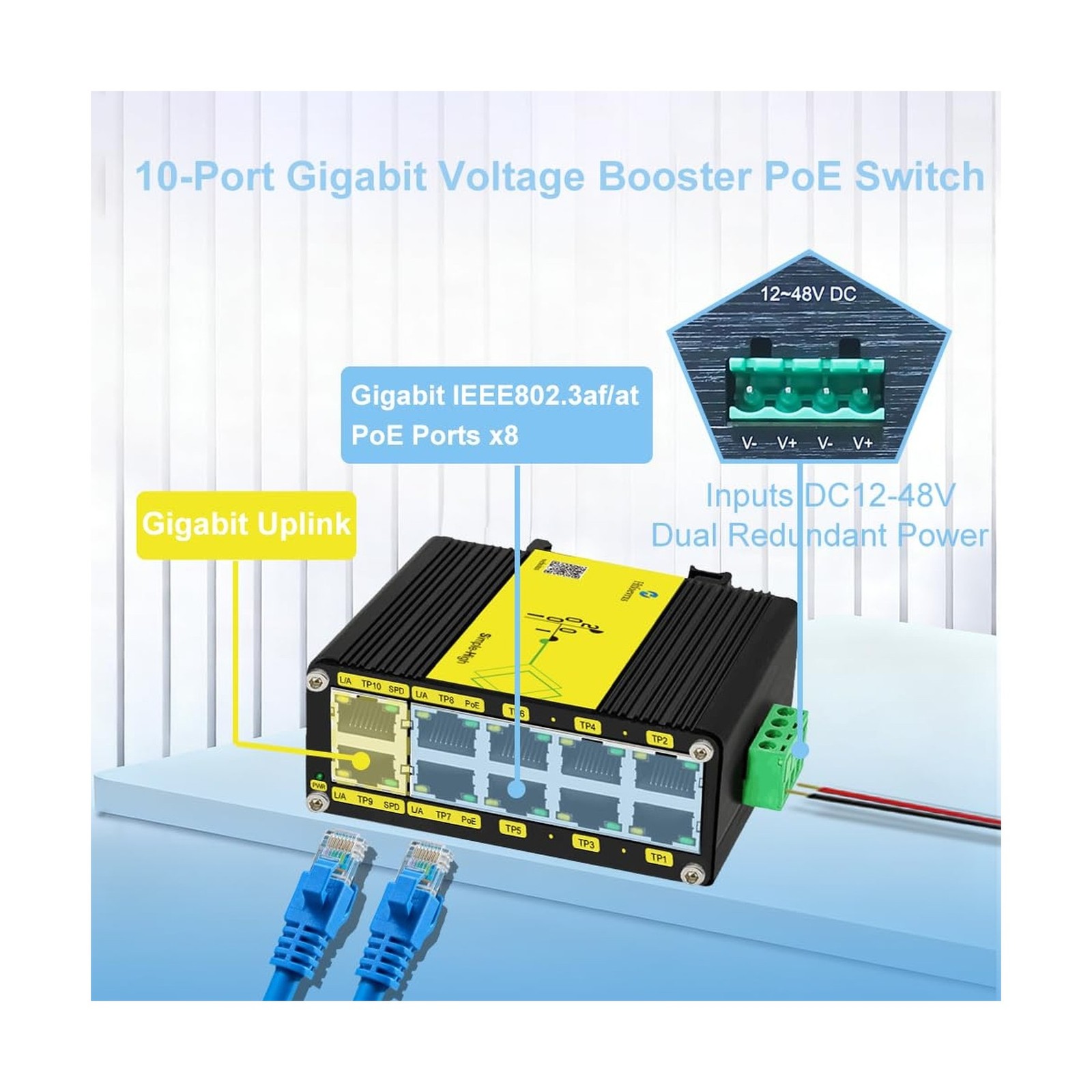Htfoevrxs Industrial 10-Port Gigabit PoE Switch, DC12V-48V Input to DC48V PoE...