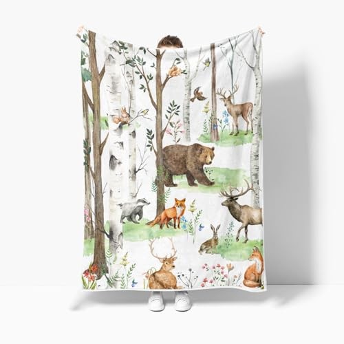 Rustic Forest Throw Blanket, Country Wild Animal Bear Deer 50" x 60" White