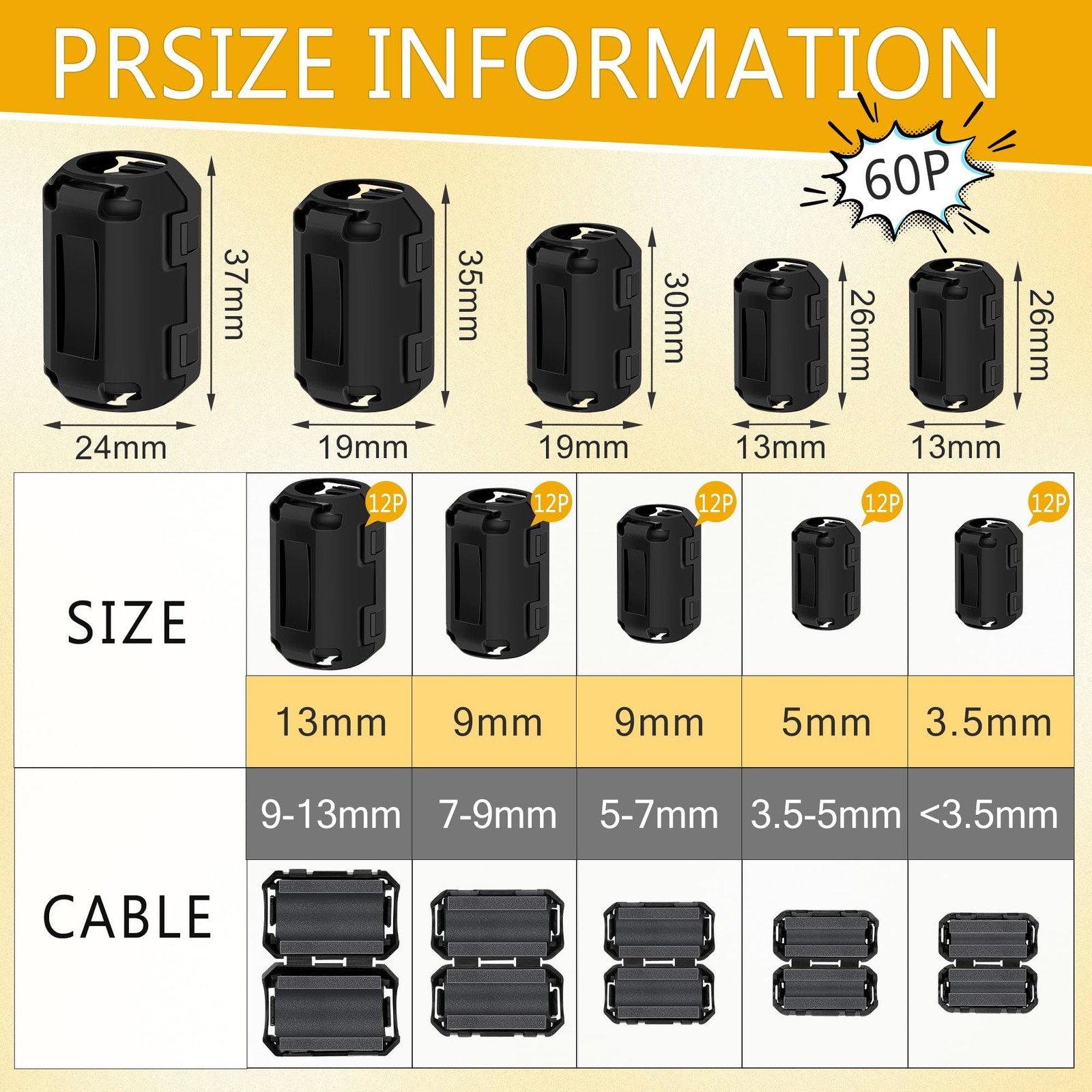 Ferrite Chokes Noise Suppressor Cable Clips 60Pcs EMI RFI Filter for Data Audio
