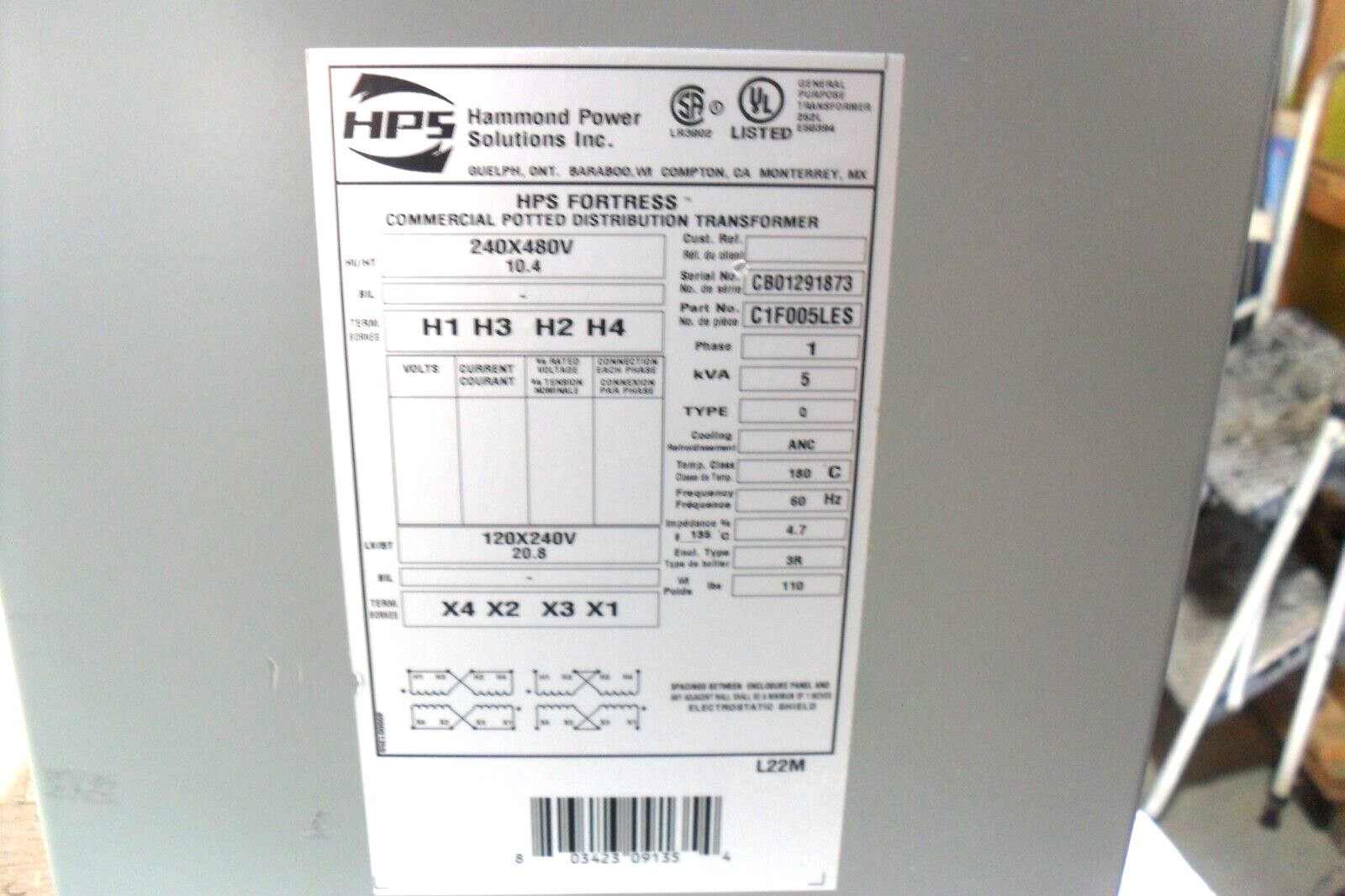 HPS C1F005LES Single Phase Transformer with 240 x 480V Primary