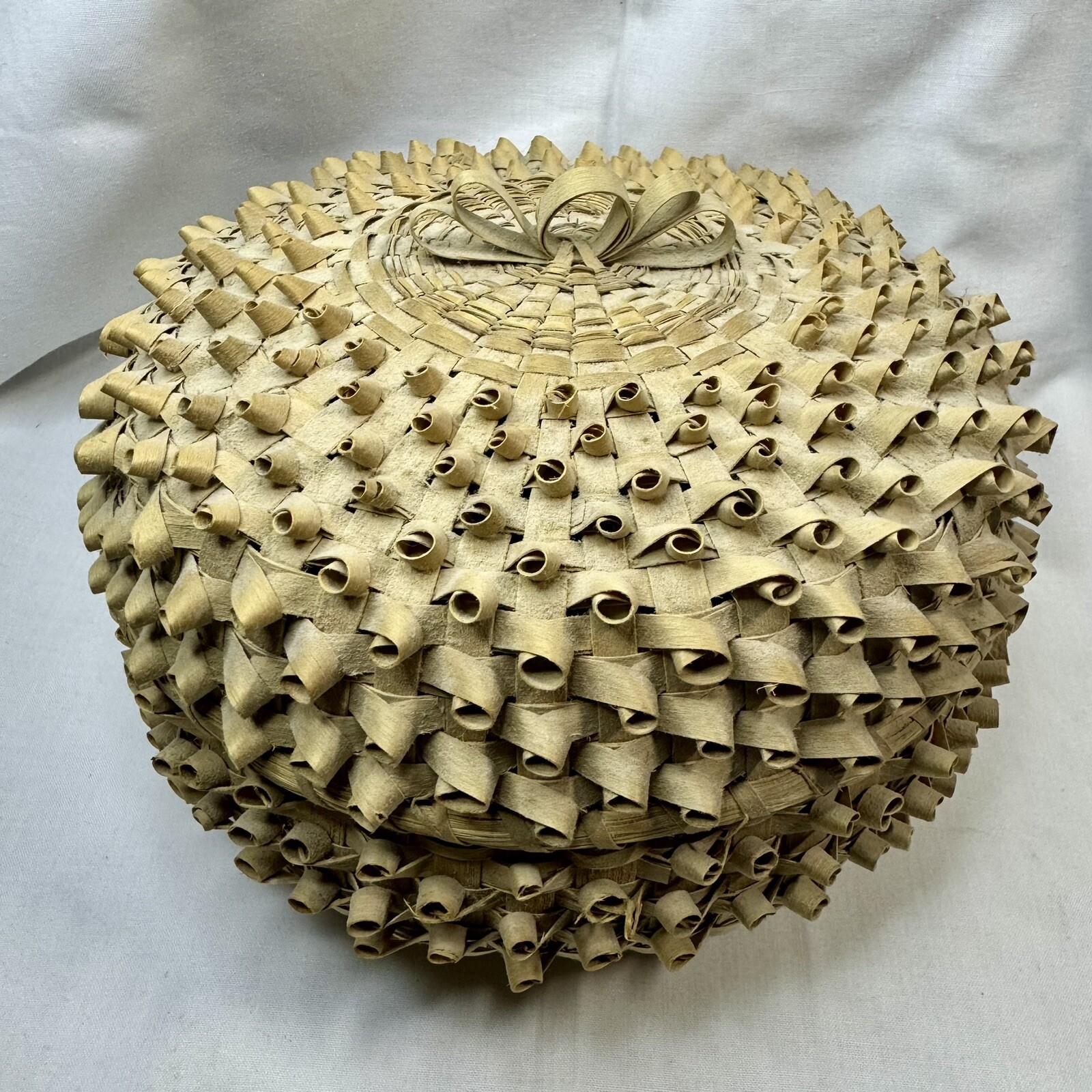 Handmade Vintage Porcupine Coil Curl Basket Native Indian Reed Lidded Weave