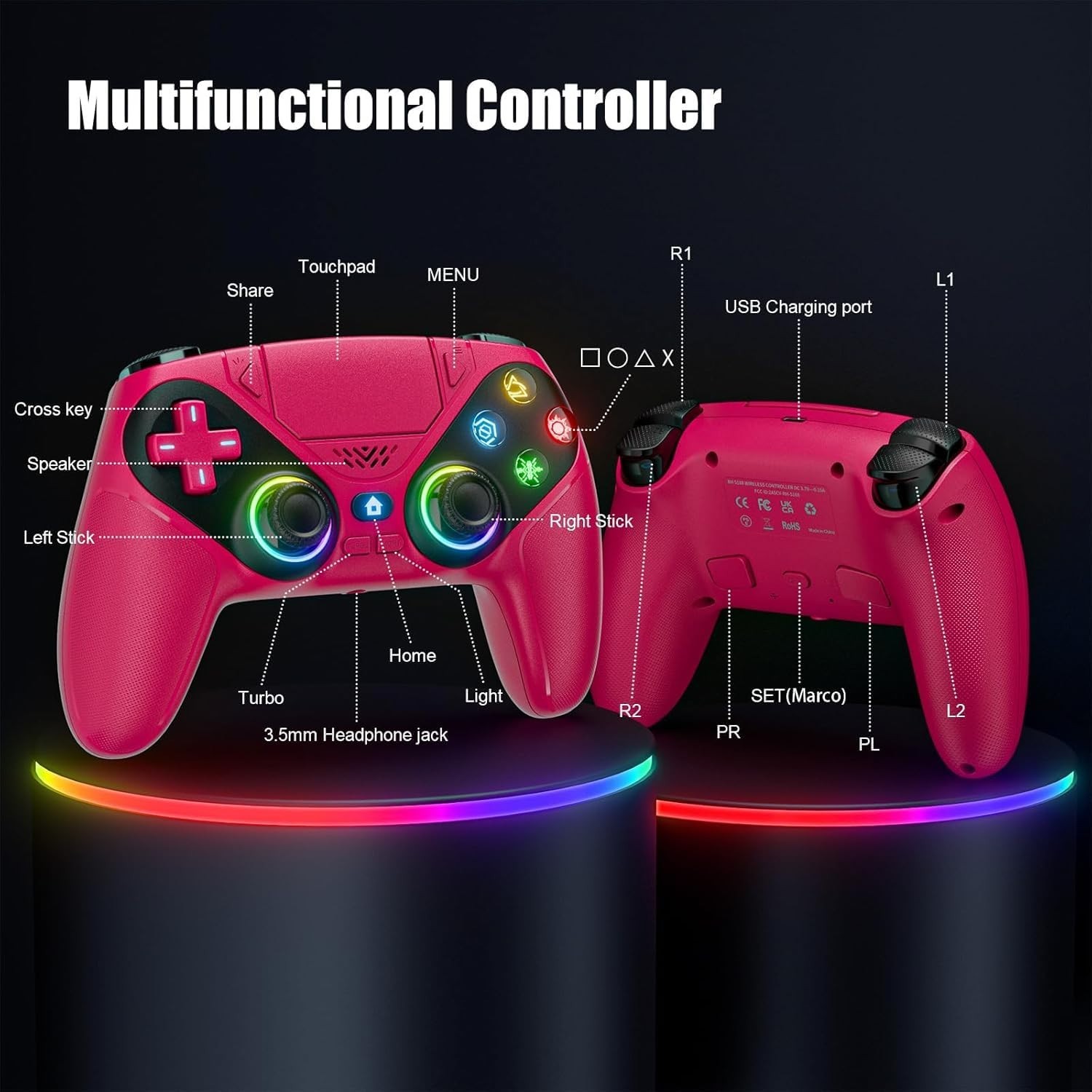 Gamrombo LED Wireless Controller for PS5, Compatible with PS5 Pro/Slim/Pc, Dual
