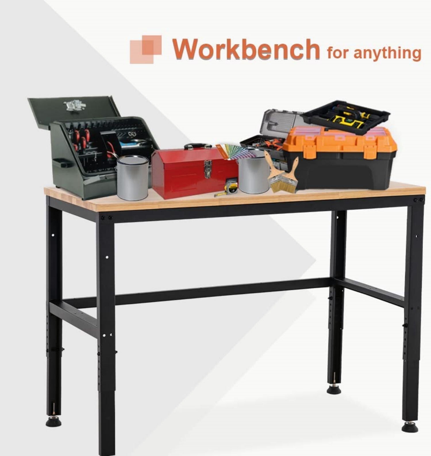 Mcombo 48" Adjustable Workbench with Oak Wood Top, Overall Steel Frame Worktable