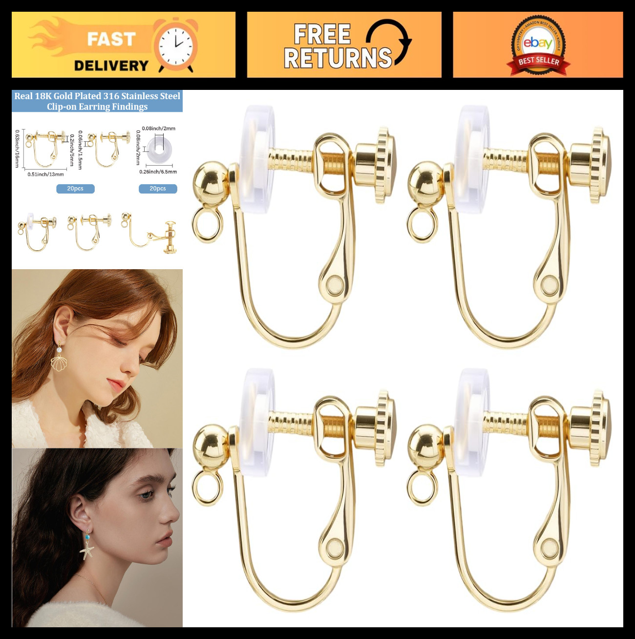 20Pcs Clip-on Earring Findings, 18K Gold Plated, Stainless Steel, Non-Pierced Je