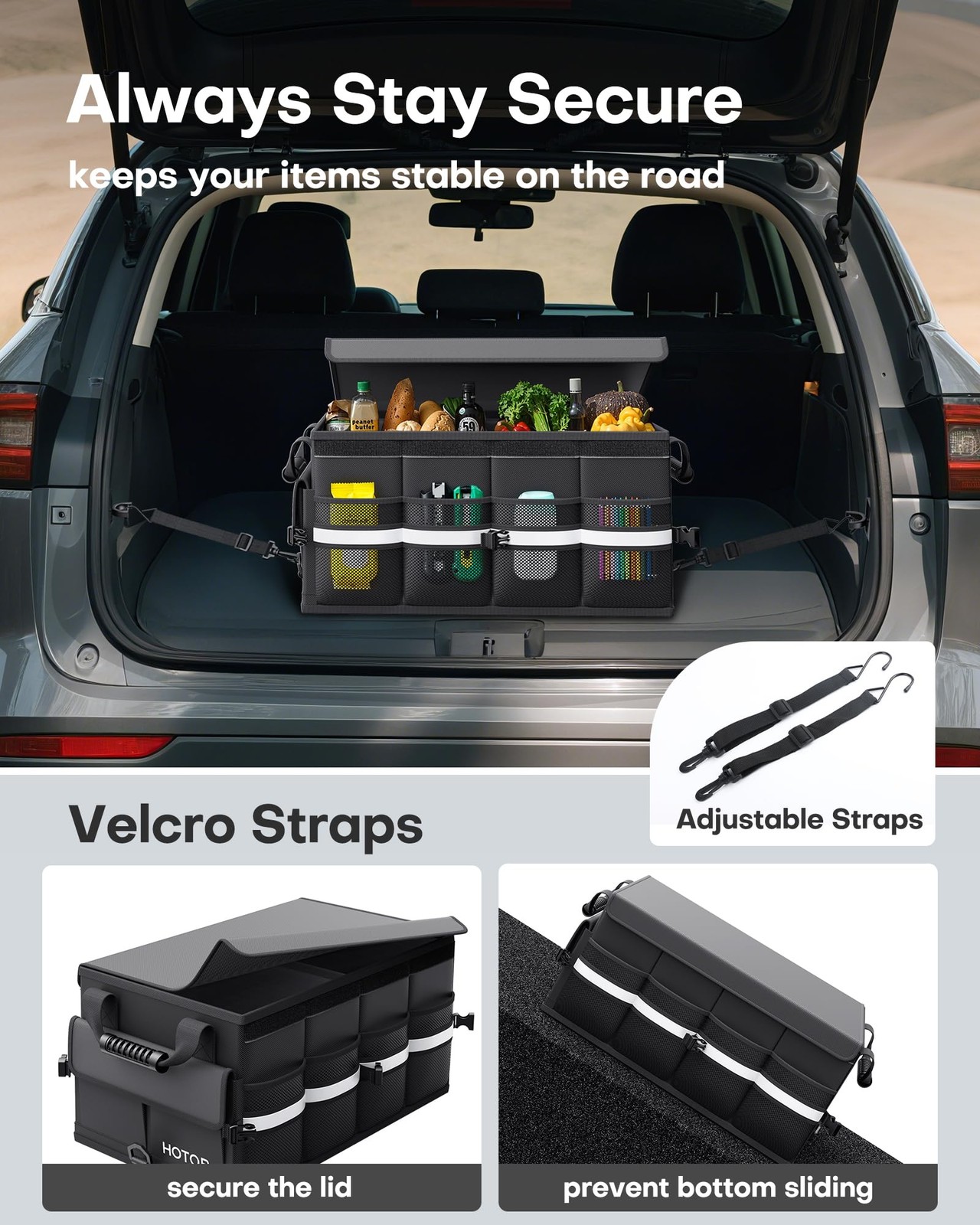HOTOR Car Trunk Organizer - Foldable for SUV, Medium, Black