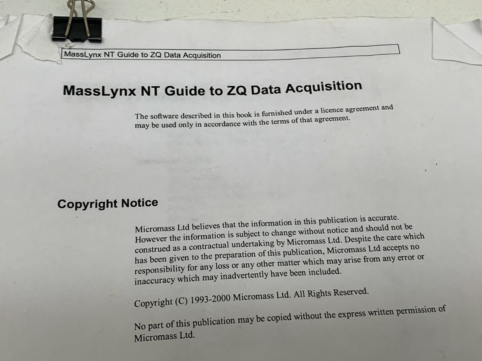 MassLynx NT Guide to ZQ Data Acquisition - Micromass LTD