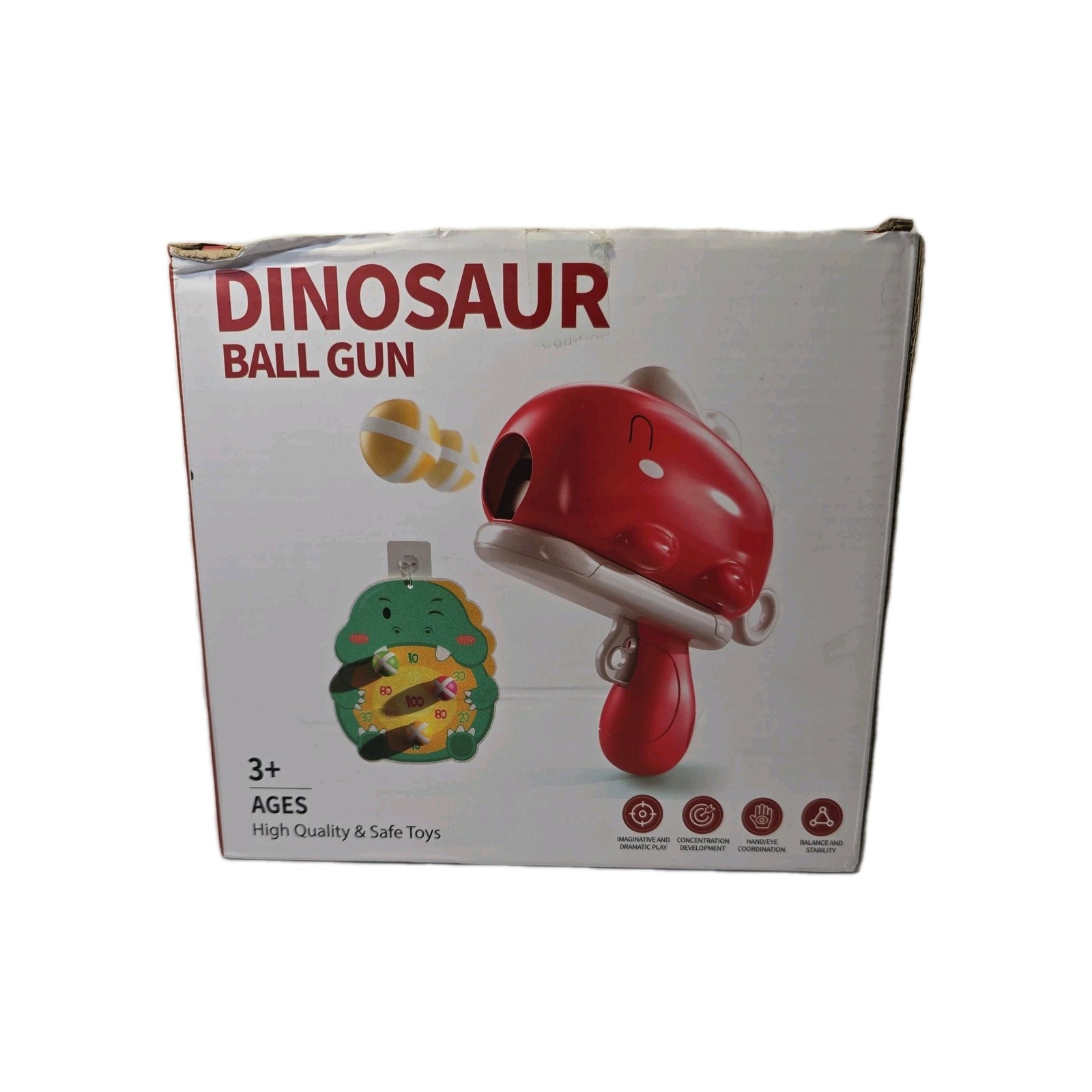 Dinosaur Ball Gun Toy -  Dartboard Target Shooting- Open Box ages 3+