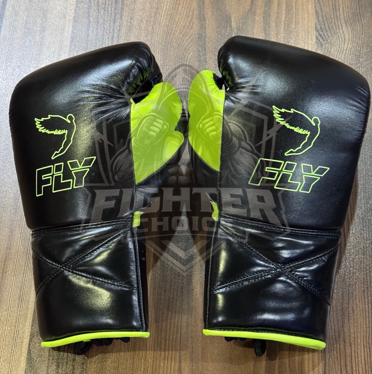 Custom Made Fly Boxing Set Black & Neongreen Cowhide Leather Sparring & Training