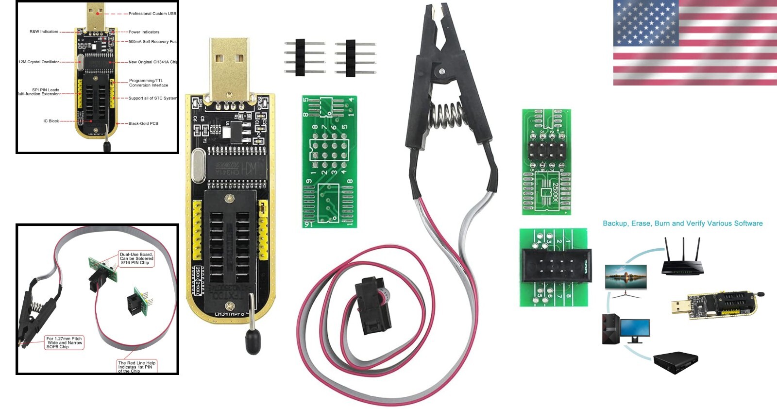Complete CH341A BIOS Programming Kit: SOIC8 Clip, USB Programmer & Adapters