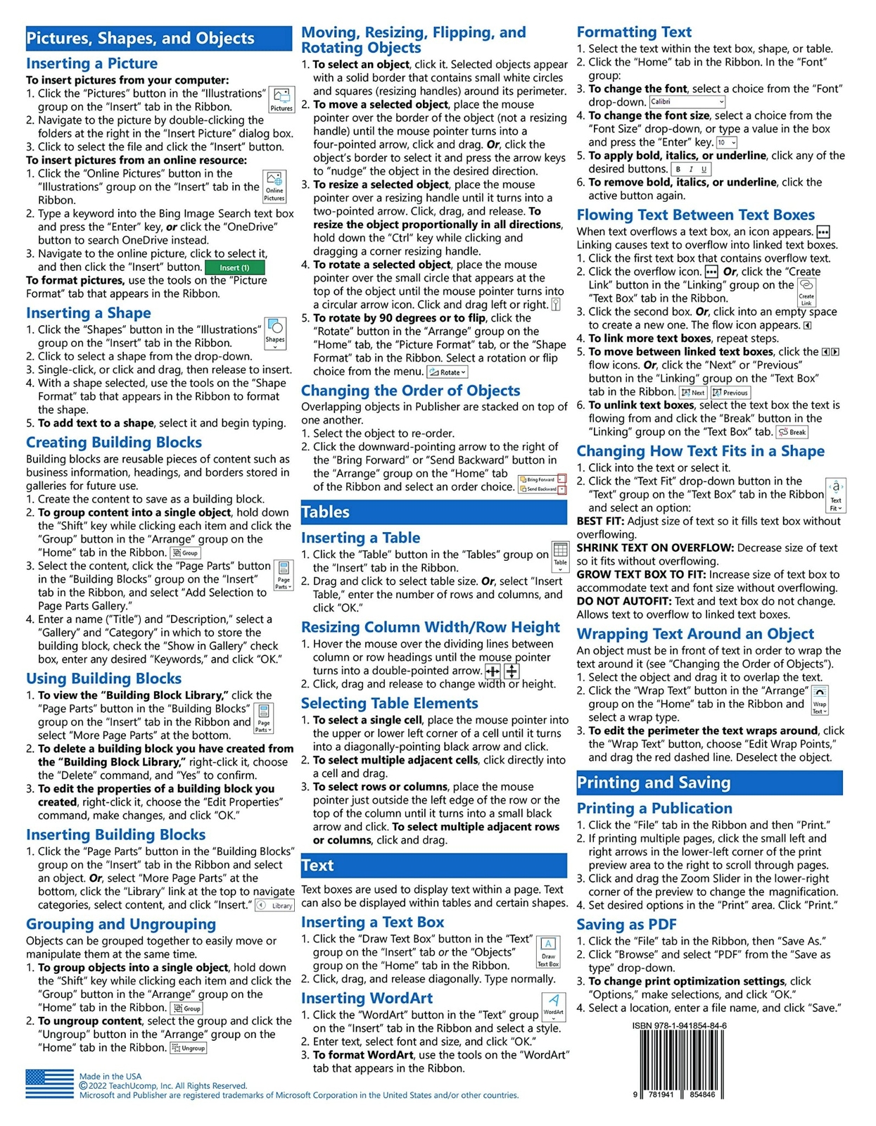 Publisher 2021 & 365 Training Guide Quick Reference Card 2 Page Cheat Sheet Help