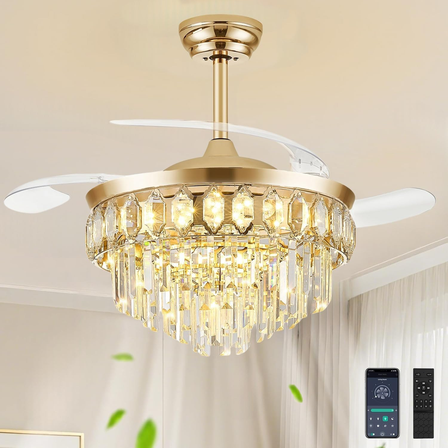 Gold 42" Retractable Ceiling Fan with LED Light & 6 Speed Settings