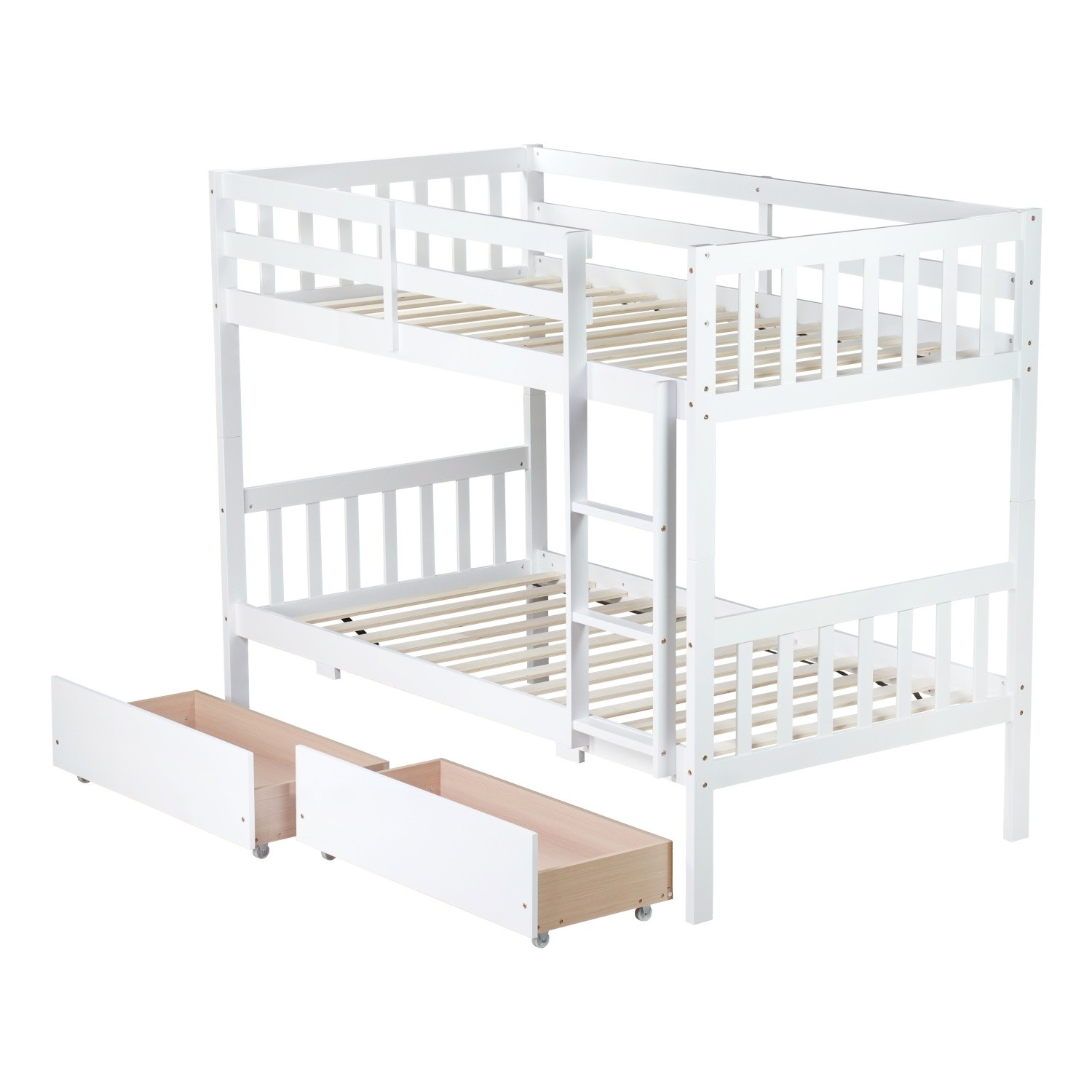 Twin Over Twin Solid Wood Bunk Bed w/ Ladder & 2 Drawers Convertible to 2 Beds