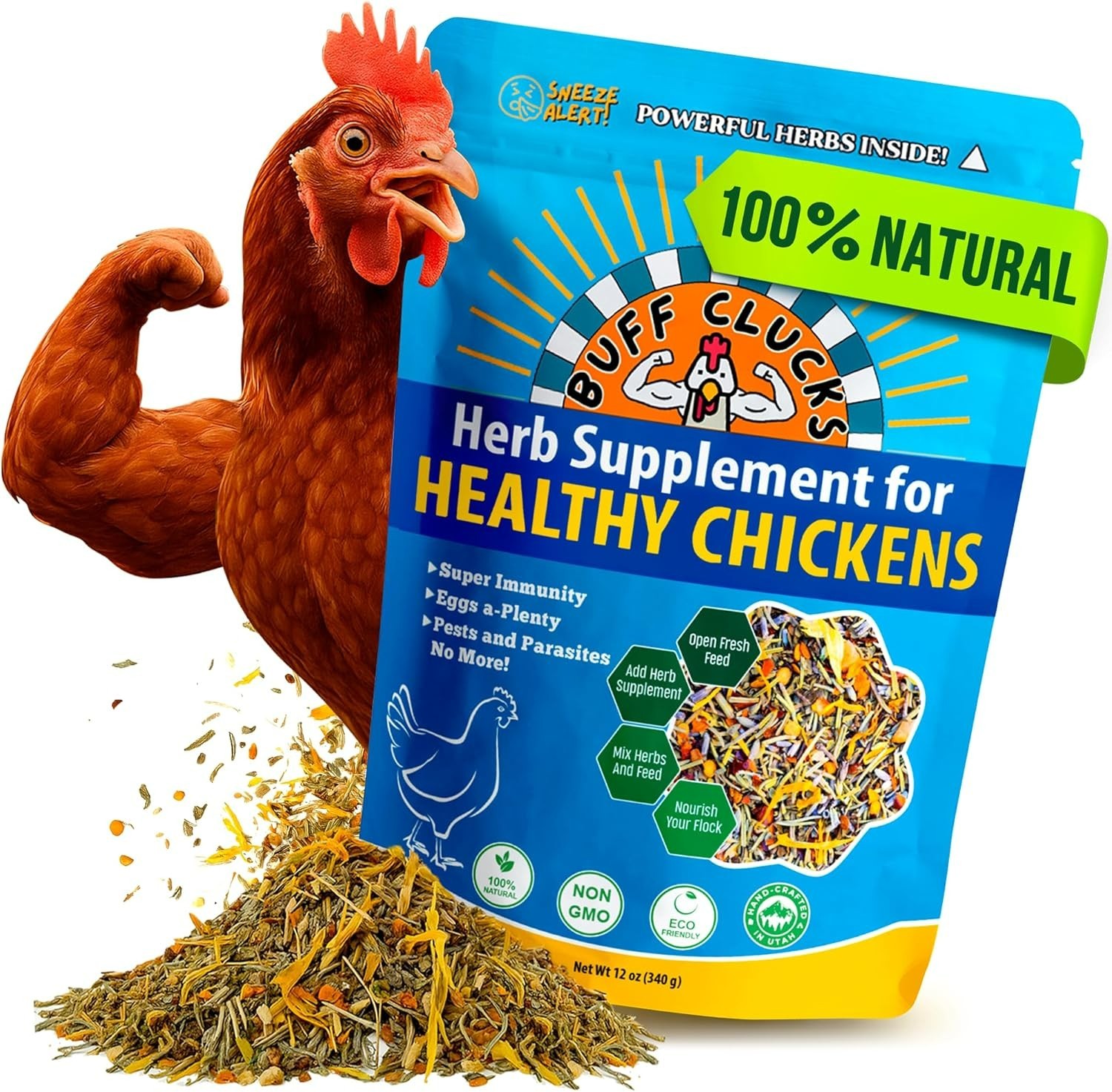 Buff Clucks Herbs Supplement for Chicken Food Natural Poultry Feed, 12 oz
