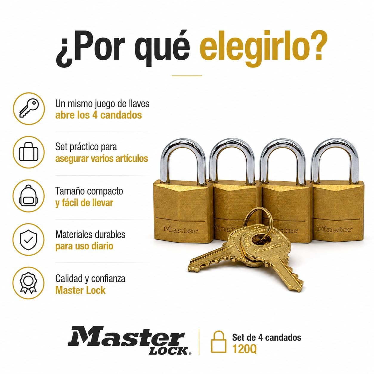Master Lock Padlock, Solid Brass Lock, 3/4 in. Wide, 120Q 4 Pack, 3/4" 4-Pack