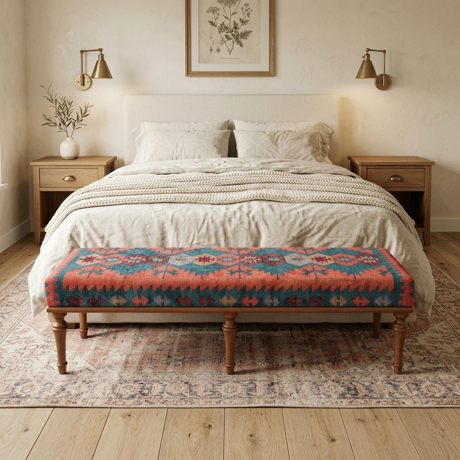 Kilim Rug Bench Handmade Ottoman Footstool Aztec Farmhouse Entry Wood