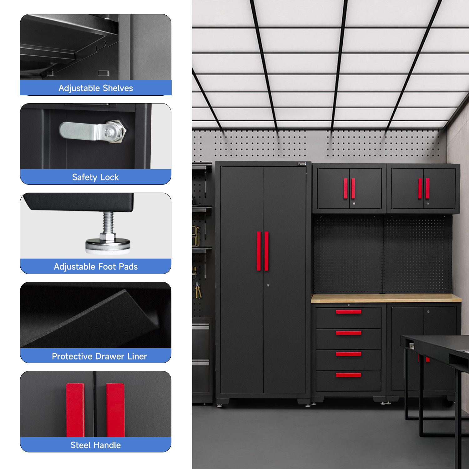 Garage Storage Cabinet System -Corner Cabinet,Cabinet Drawers,Workbench,Pegboard