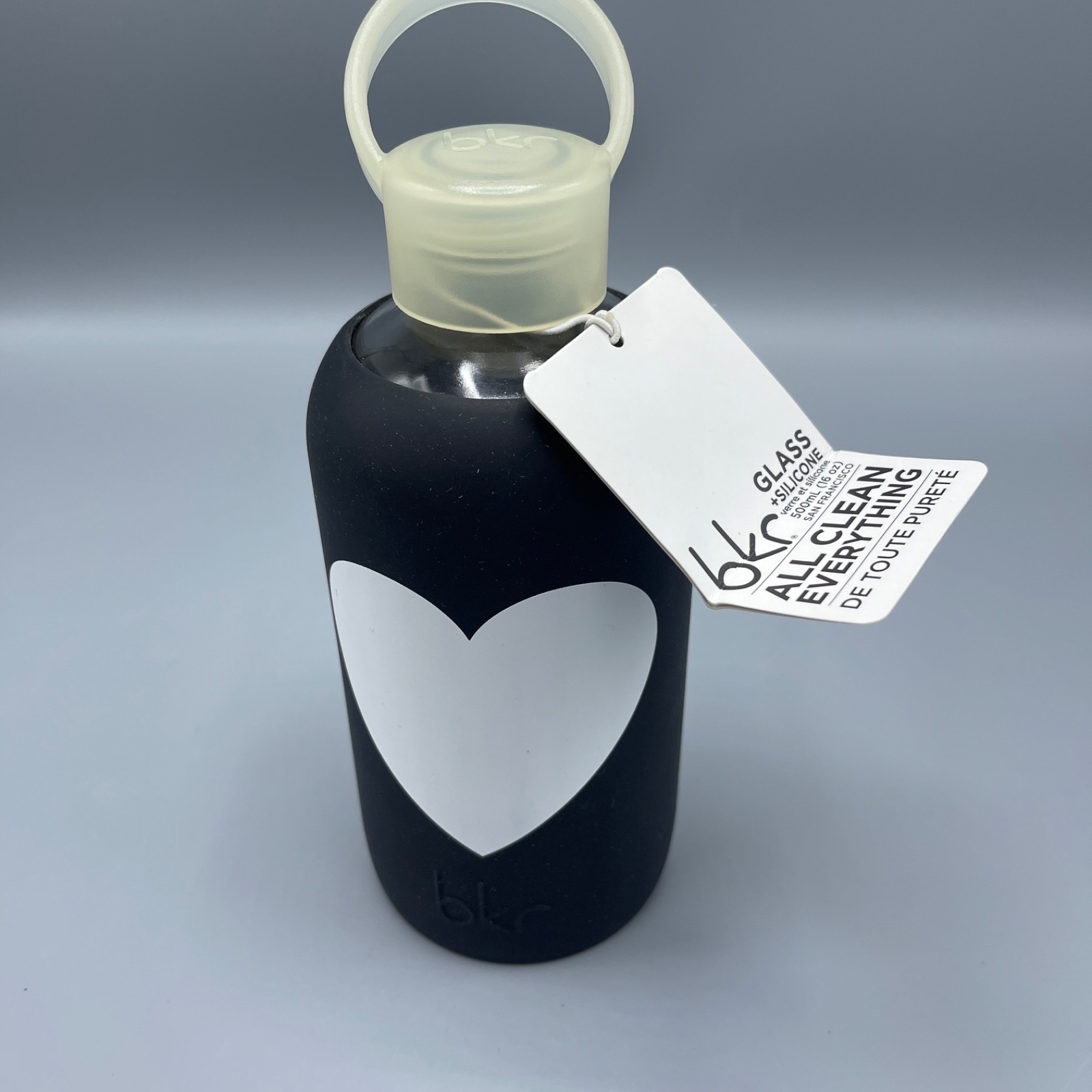 BKR Rare Edition Glass Water Bottle Silicone Sleeve Black White Heart "Jet" 16oz