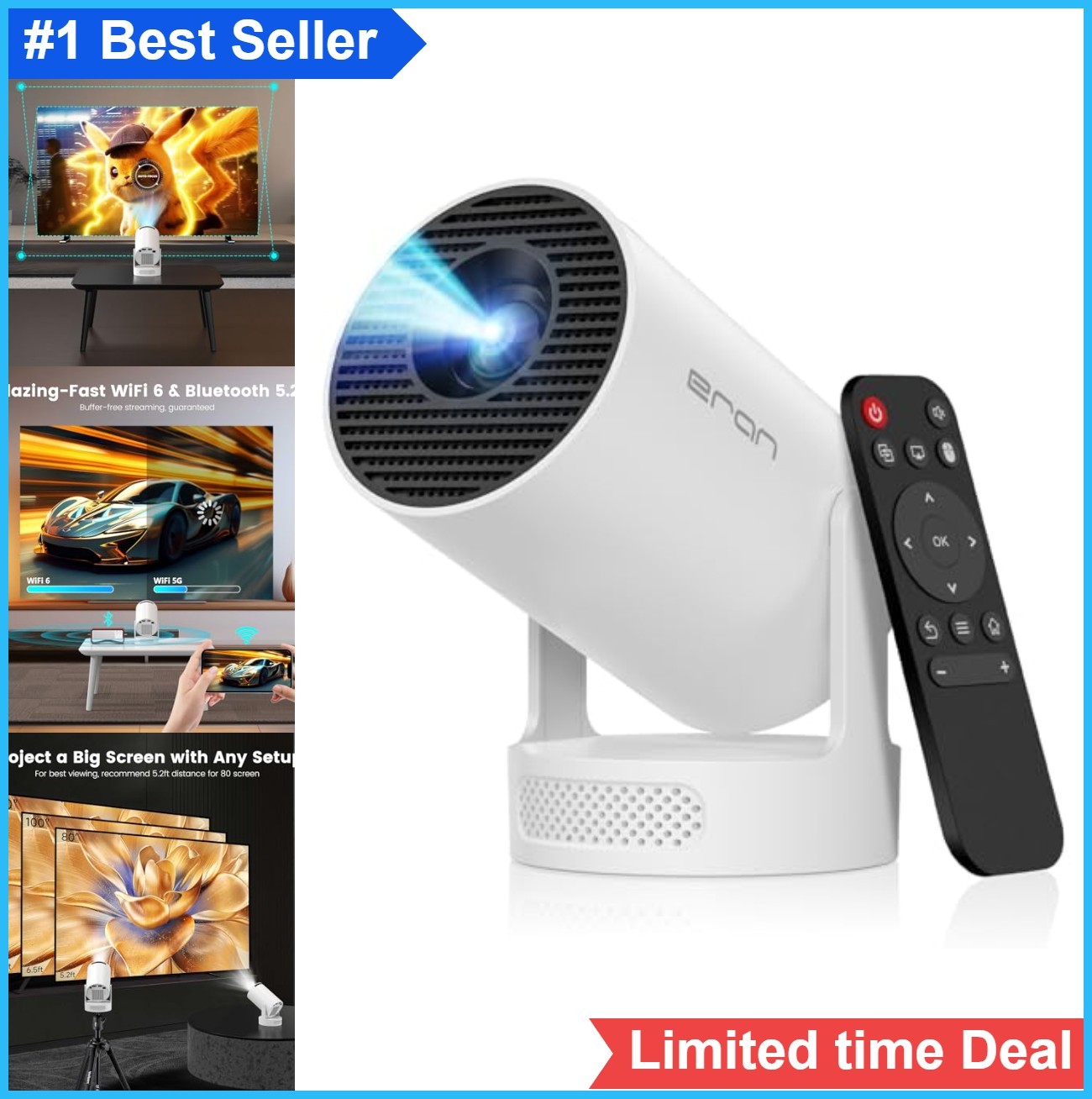Mini Portable Projector 160 ANSI 720p 4K Support Bluetooth 5.4 WiFi 6 Android