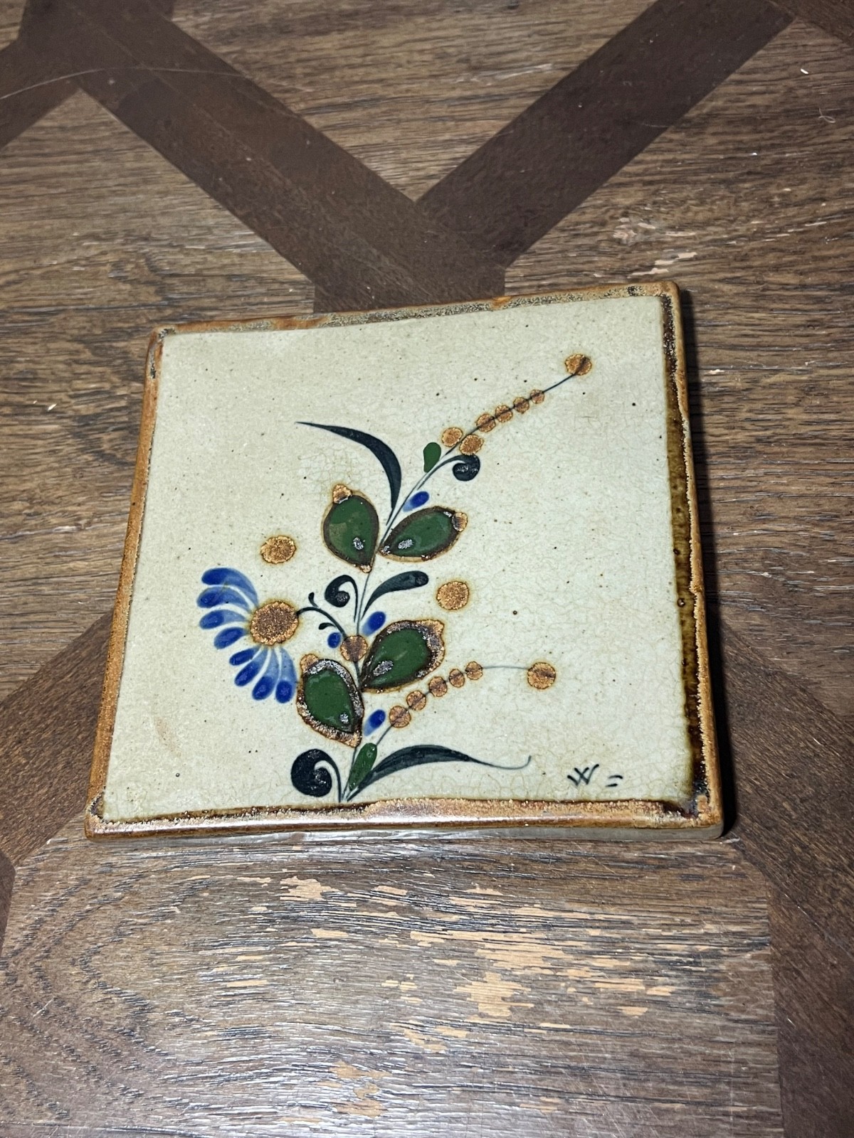 Vintage Handmade pottery Tile Trivet Hand-Painted 6” x 6”