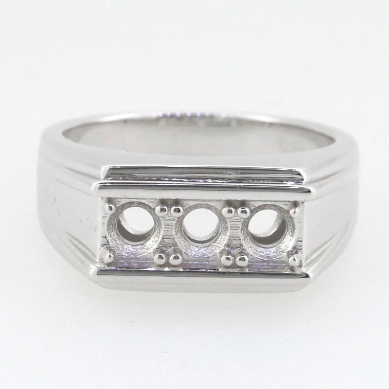925 Sterling Silver Men's 3 Stone 4mm Round Semi Mount Ring Signet Band Ring