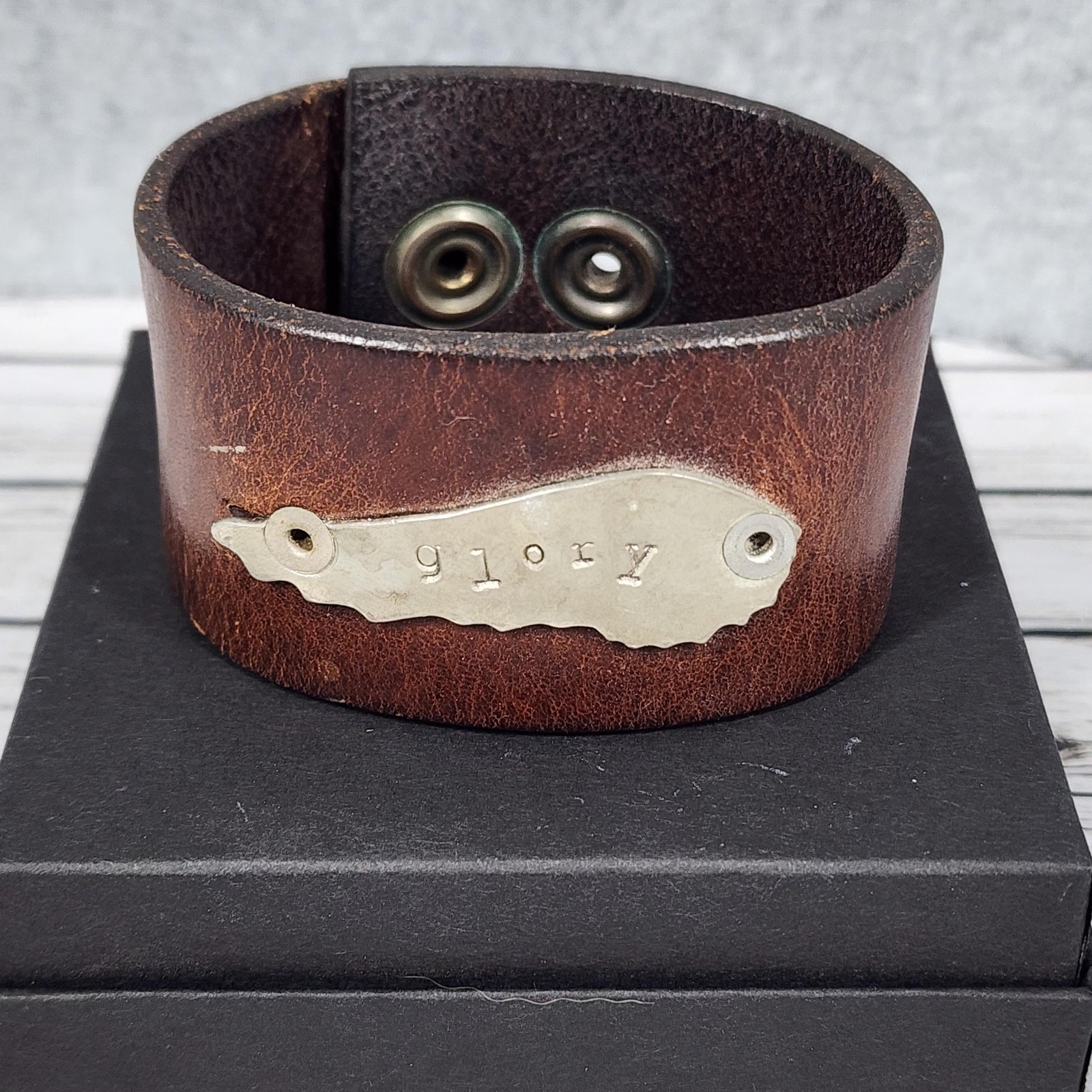 Leather Cuff Bracelet Brown Hand Stamped 'glory' Metal Plate Adjustable Snap