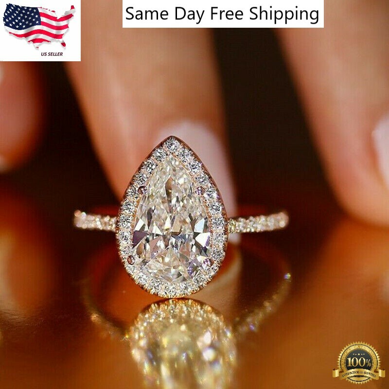 Pear Cut Cubic Zircon Women Ring Luxury 925 Silver Plated Jewelry Sz 6-10
