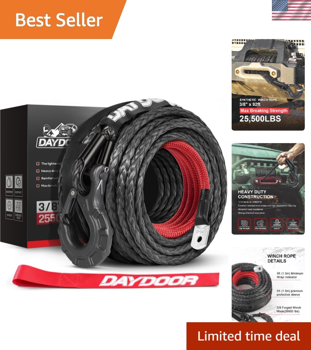 25,500 LBS Heavy Duty Synthetic Winch Rope 3/8" x 92ft - Lightweight & Durable