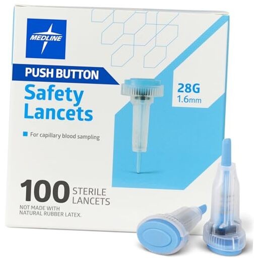 Sterile Safety Lancets, Push-Button Activation, Blood Glucose Box of 100 28g