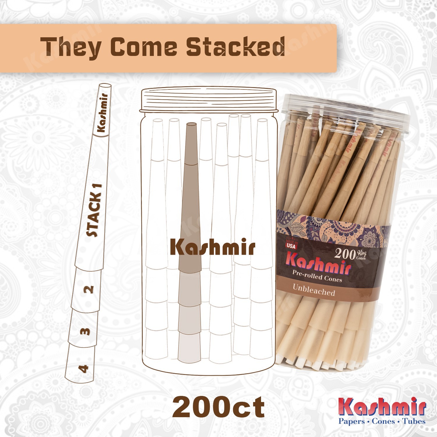 200 Unbleached Pre Rolled Cones King Size Classic Rolling Paper Cones w/ Tips