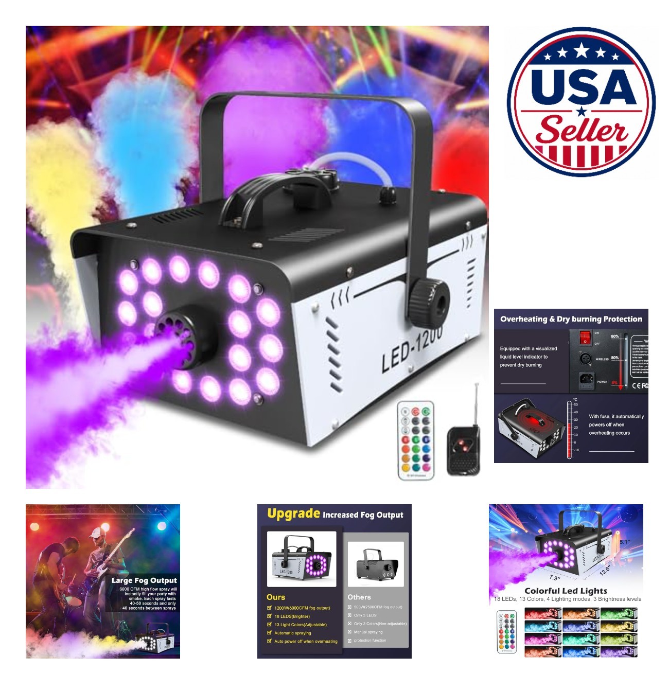 Fog Machine 1200W 6000 CFM 18 LED Lights Wireless Remote for Halloween Party DJ