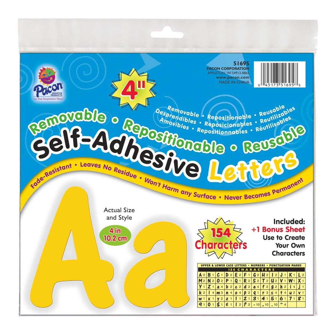 Pacon Reusable Self-Adhesive Vinyl Letters & Numbers Cheery Font 4" Yellow