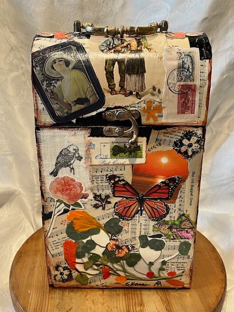 Nostalgic Mixed Art-Media Art Collage double Wine Caddy by Artist Suzanne Norman